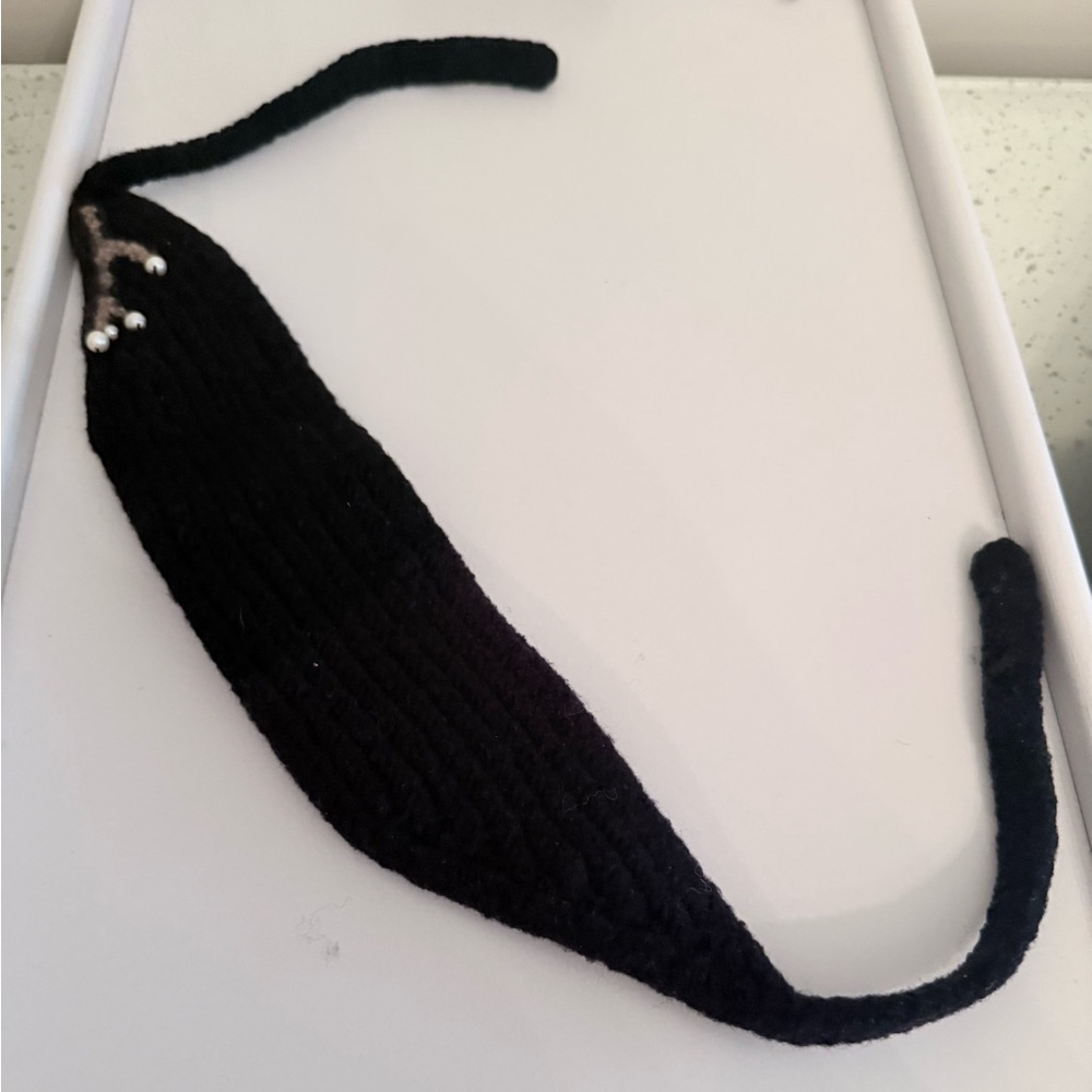 Anna Kula Handknit Black Headband emroidered with Pearl Accents